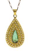 18ct gold pear shaped emerald and diamond pendant, on 9ct gold chain necklace,