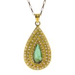 18ct gold pear shaped emerald and diamond pendant, on 9ct gold chain necklace,