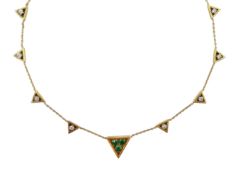 18ct gold three stone emerald and diamond necklace, each triangular link set with a diamond,