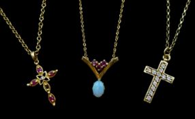 Gold opal and ruby wishbone necklace,