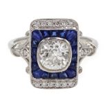 White gold cushion cut diamond, calibre cut sapphire ad diamond diamond panel ring, stamped 18K,