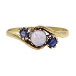 9ct gold three stone sapphire and opal ring, hallmarked Condition Report Approx 1.