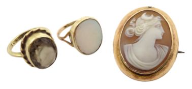 Gold oval opal ring, gold mounted cameo brooch,