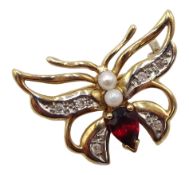 Gold diamond, garnet and pearl butterfly brooch,