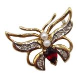 Gold diamond, garnet and pearl butterfly brooch,