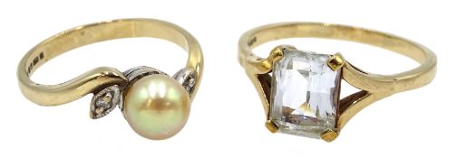 Gold pearl and diamond chip ring and a gold stone set ring,