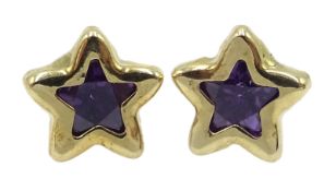 Pair of 9ct gold amethyst, star stud earrings,