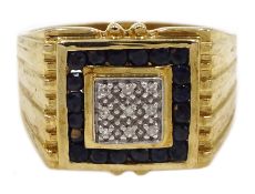 9ct gold gentleman's sapphire and diamond ring, square setting,