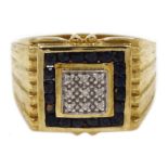 9ct gold gentleman's sapphire and diamond ring, square setting,