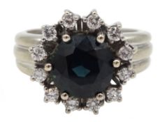 18ct white gold round teal blue synthetic sapphire and diamond cluster ring,