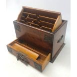 Late Victorian oak brass bound stationary box of rectangular form,