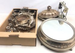 A selection of assorted silver plate, to include a mounted mirrored cake stand,