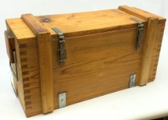 Pine ammunition box with steel fittings and rope carrying handles,