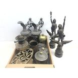 Pair of moulded spelter Renaissance style ewers, Victorian pewter tea caddies,