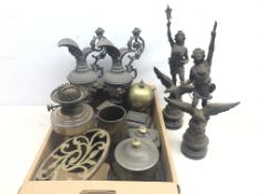 Pair of moulded spelter Renaissance style ewers, Victorian pewter tea caddies,