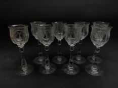 A set of eight English early 20th century Thomas Webb hock glasses,