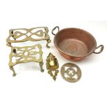 Ships copper lamp, two 19th century brass trivets,