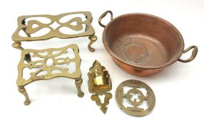 Ships copper lamp, two 19th century brass trivets,