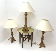 Three Italian giltwood style table lamps on trefoil base with shades,