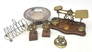 Set of 19th/ early 20th century brass postal scales and matching weights on a shaped mahogany base