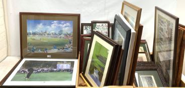 Thirty sporting prints including comical golf and cricket, limited edition photo print 'Golf Greats,