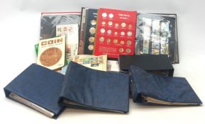 Collection of stamps and coins including PHQ cards, FDCs,