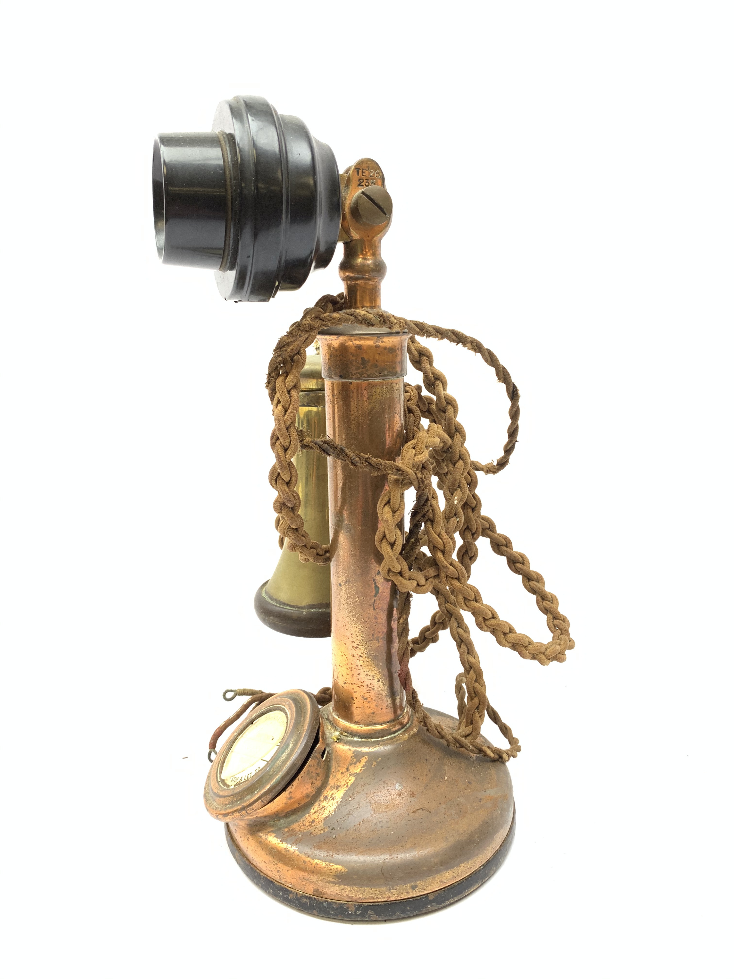 An early 20th century brass stick telephone, with Bakelite mouth and ear piece, H31cm. - Image 2 of 2