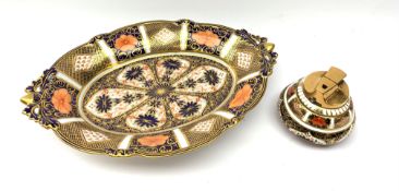 A Crown Derby Imari 1128 pattern dish, of oval form with foliate modelled twin handles,