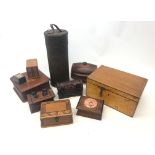 Collection of wooden boxes including a barrel shaped box with hinged lid, ebonised stamp box,