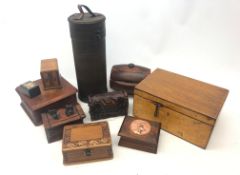 Collection of wooden boxes including a barrel shaped box with hinged lid, ebonised stamp box,