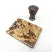 Carved red agate desk seal of tapered fluted form and a Victorian Tortoise shell card case L10.