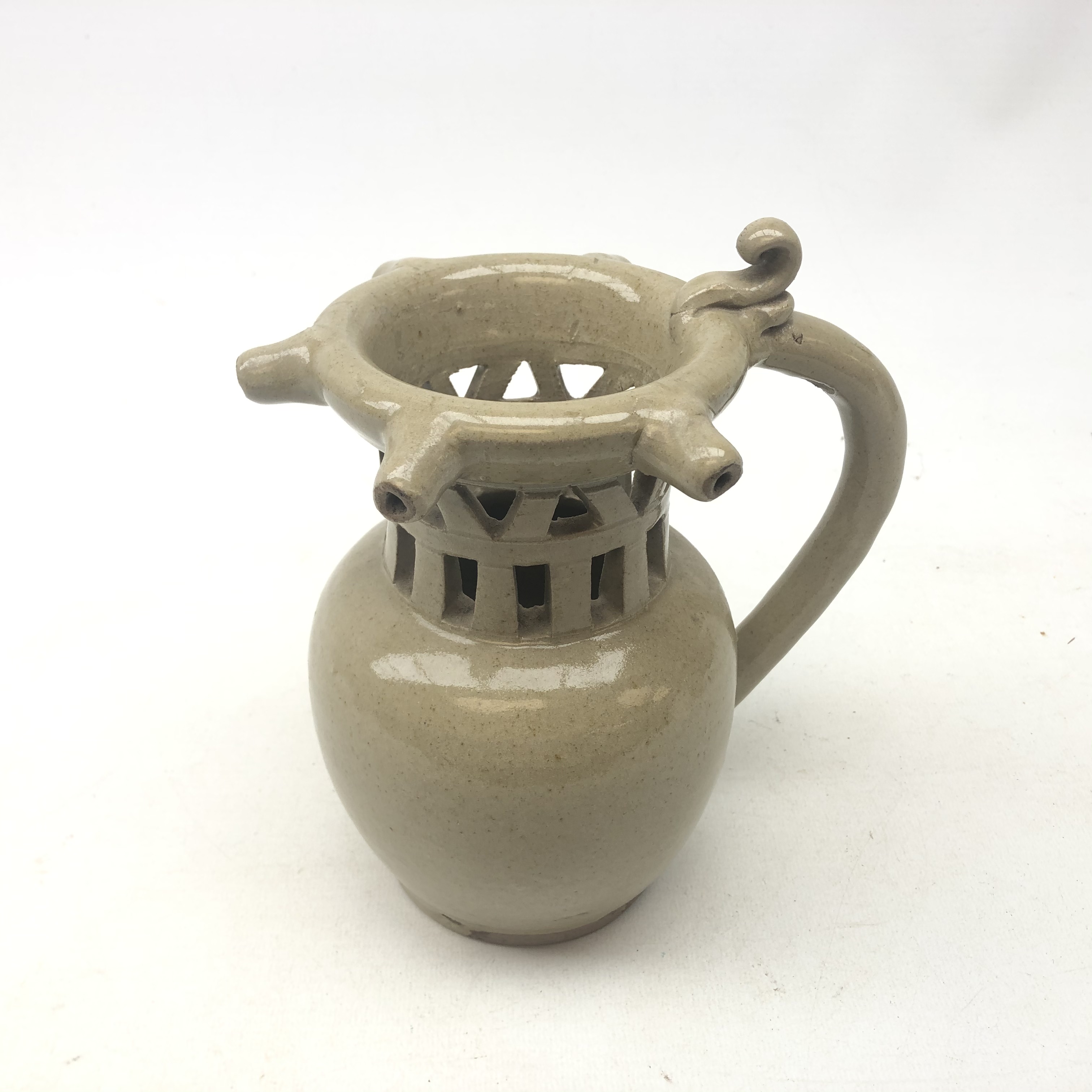 Glazed stoneware Puzzle jug of typical form with scroll thumb rest, H19cm, - Image 2 of 6