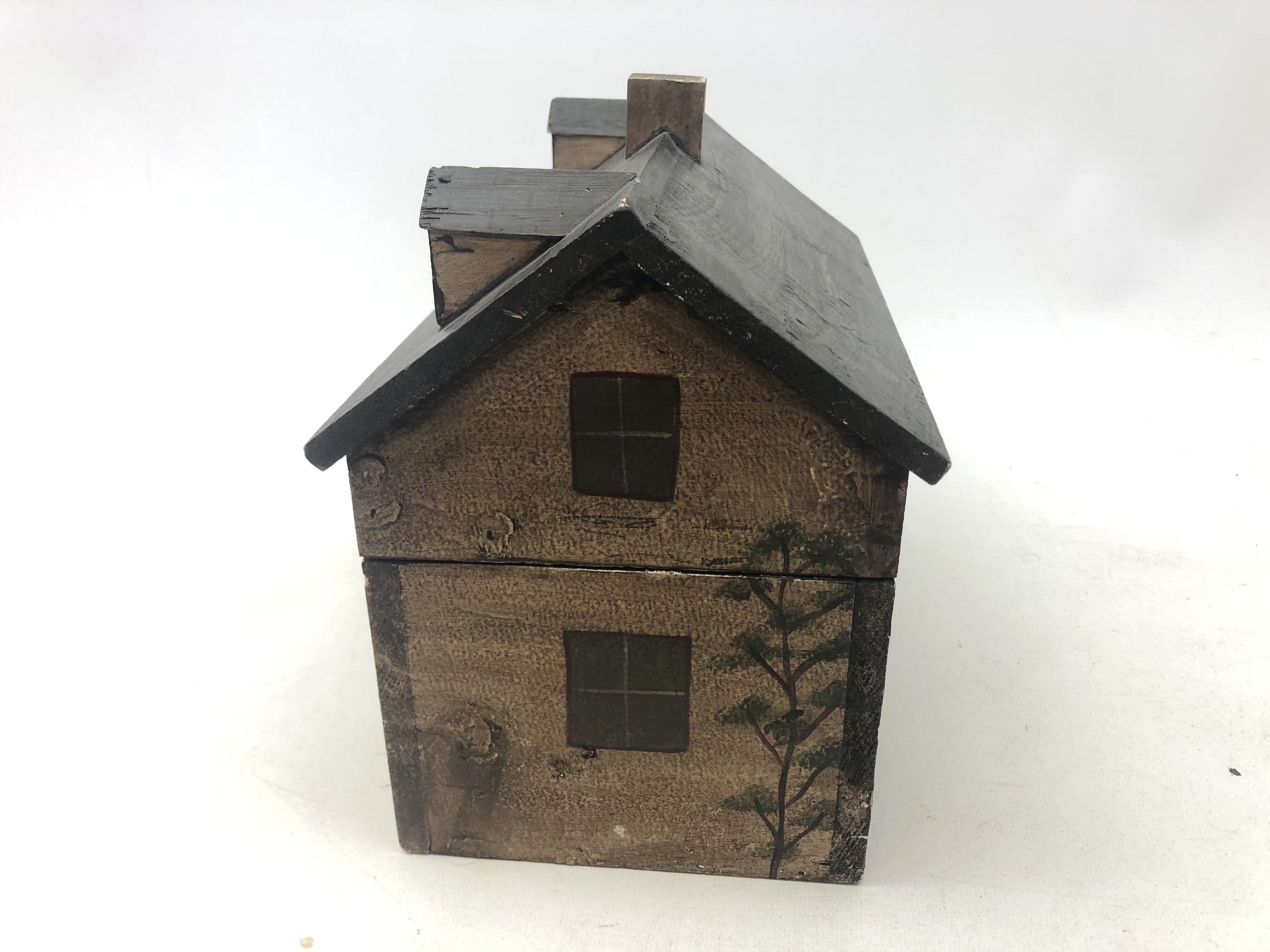 A reproduction Victorian hinged box in the form of a house with painted and moulded decoration, - Image 2 of 4