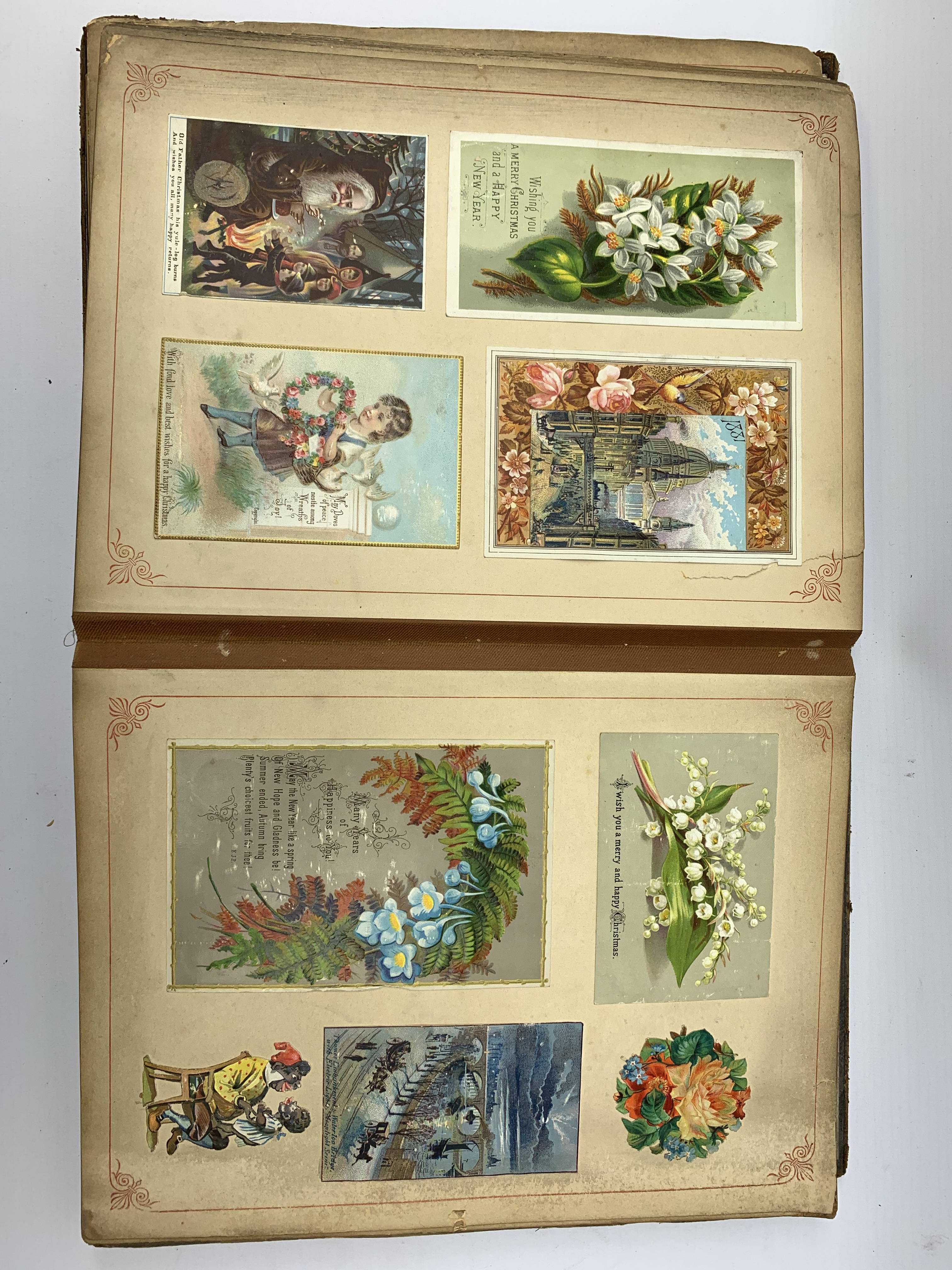 A Victorian scrap book, containing various cut outs and postcards, (binding a/f). - Image 4 of 6