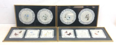 Four framed sets of silk table mats each painted with natural history subjects; Butterflies,