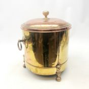 Early 20th century copper and brass coal bin and cover of cylindrical form,