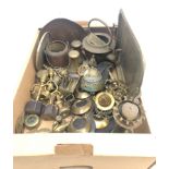 Collection of brass ware including horse brasses, Eastern ashtray, hub caps,