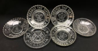 Six commemorative pressed glass plates comprising Boer War glass plate for 'Roberts.