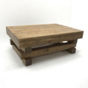 Solid pine coffee table, square timber supports, W122cm, H46cm,