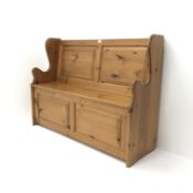 Solid pine settle bench with hinged seat, W120cm, H90cm,