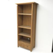 Light oak 6' open bookcase, three adjustable shelves above two drawers, stile supports, W77cm,
