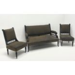 Victorian ebonised two seat sofa, upholstered back seat and arms, gallery backs,