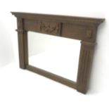 Classical style oak overmantle mirror, projecting cornice, fluted columns, W127cm,