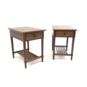 Pair mahogany bedside tables, single drawer, turned supports joined by slatted under tier, W41cm,