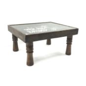 Hardwood coffee table with ironwork inset and glass top, 85cm x 73cm,