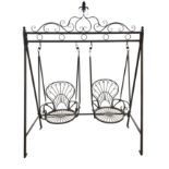 Victorian style metal swing, ornate scrolled cross bar, pair fan back seats, W182cm, H228cm,