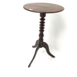 19th century tripod wine table, circular figured mahogany top on unusual fruitwood column,