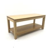 Light oak two tier coffee table, tapering supports, W110cm, H50cm,