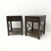 Pair Laura Ashley stained hardwood lamp tables, single drawers,