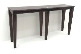 Rectangular mahogany side table, moulded top, six square reeded tapering supports, W154cm, H77cm,